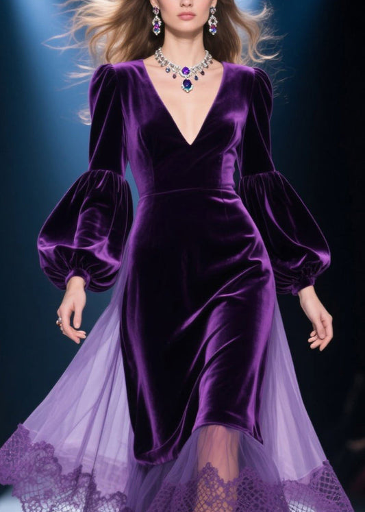 Purple V Neck Lace Tulle Patchwork Velvet Dress Fall