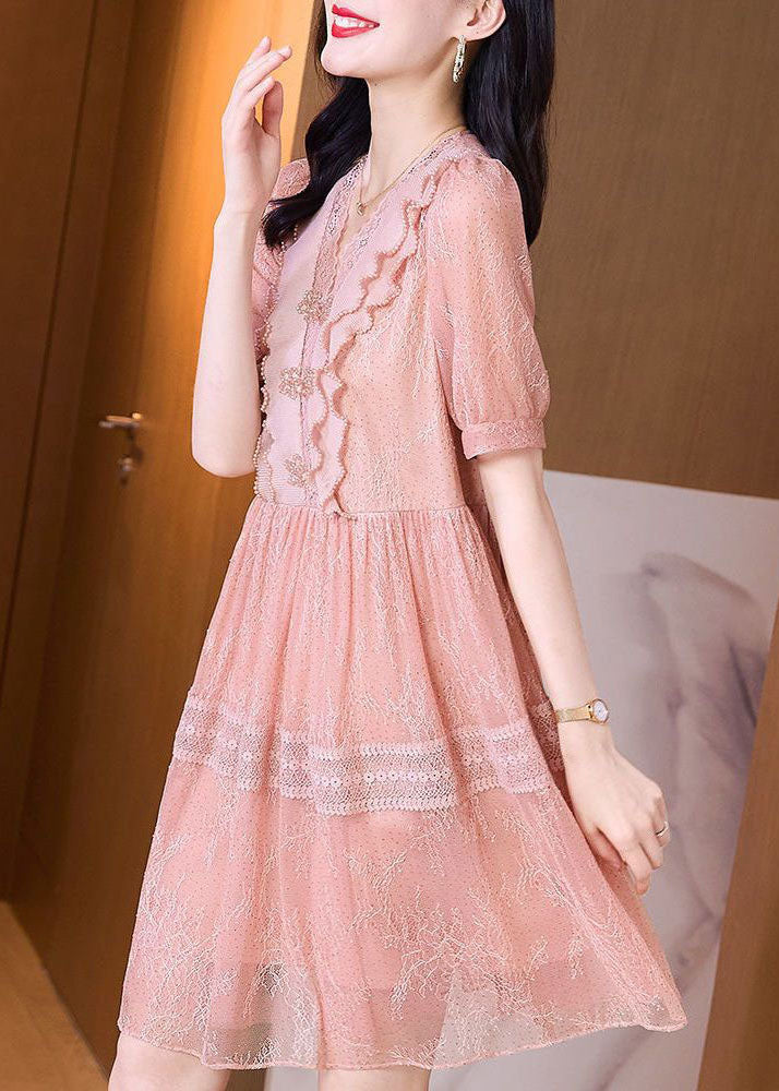 Pink V Neck Lace Ruffles Patchwork Tulle Dress Summer