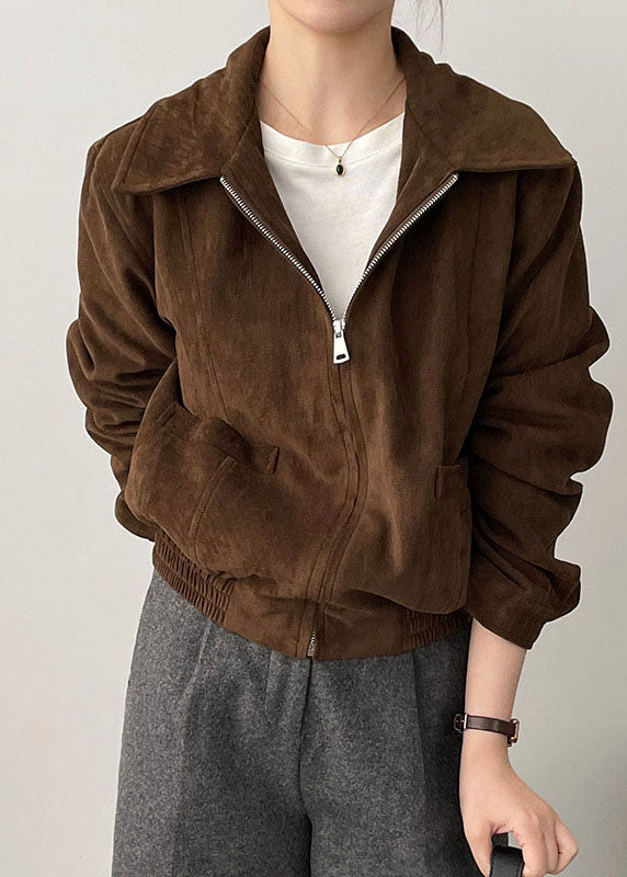 Chocolate Zip Up Pockets Patchwork Faux Suede Coat Long Sleeve