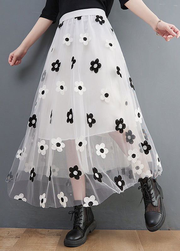 White Embroideried Tulle Skirts High Waist Spring