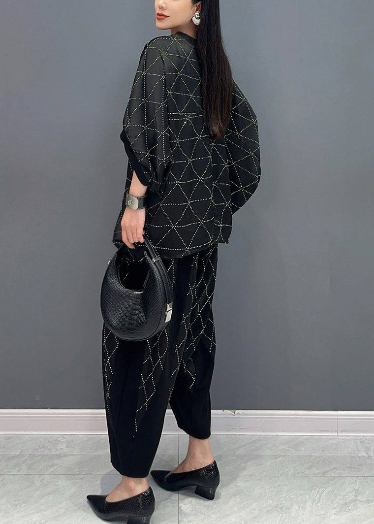 Boutique Black O-neck Plaid Zircon T Shirts and Harem Pants Two Piece Set Short Sleeve