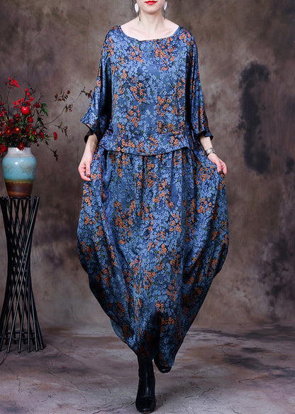 Original Design Blue O-neck Drawstring Print Silk Loose Dresses Bracelet Sleeve
