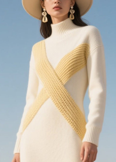 White High Neck Patchwork Knit Dress Winter