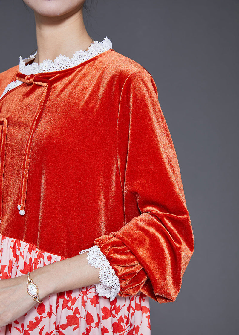Diy Orange Tasseled Patchwork Silk Velour Holiday Dress Spring