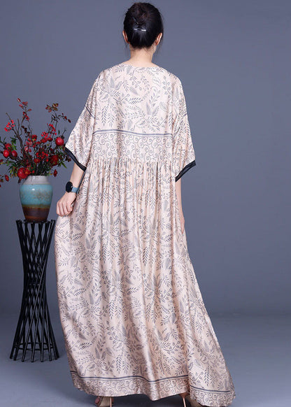 Pink V Neck Silk Maxi Dress Half Sleeve