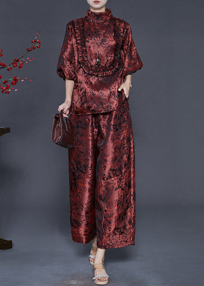 French Caramel Stand Collar Ruffled Jacquard Silk Two Pieces Set Summer