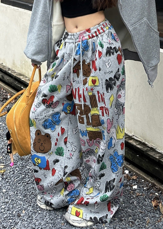 Grey Oversized Print Cotton Wide Leg Pants Spring