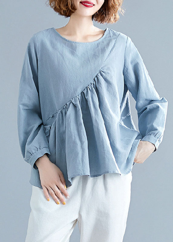 Light Blue O-neck Patchwork Ruffles Cotton Shirts Spring