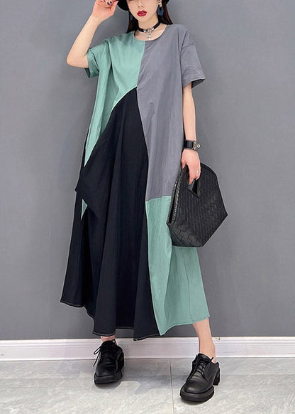 Grey Blue Patchwork O-neck Long Dresses Short Sleeve