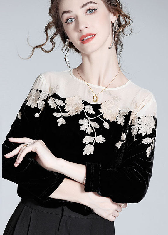 Black Embroideried Patchwork Silk Velour T Shirt Spring