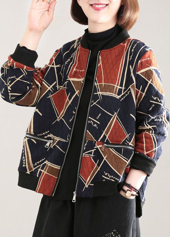 Red Stand Collar Pockets Print Fine Cotton Filled Witner Coat