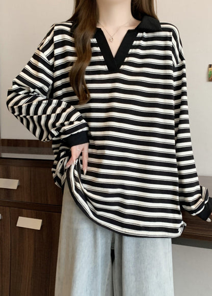 Black Oversized Striped Cotton Blouses Fall