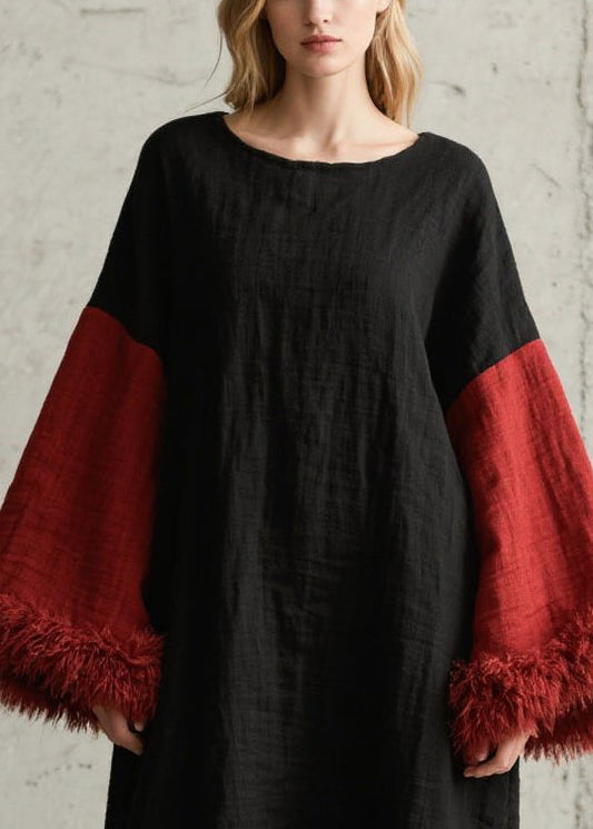 Black Oversized Patchwork Faux Fur Long Dresses Fall