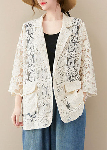 White Vacation Lace Coats Pocket Hollow Out Long Sleeve