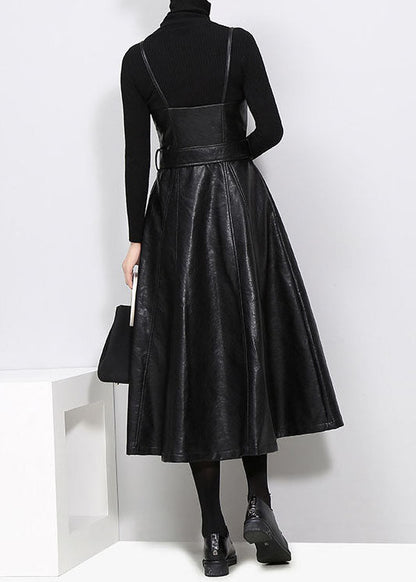 Slim Fit Tie Waist Black Faux Leather Spaghetti Strap Dresses Spring