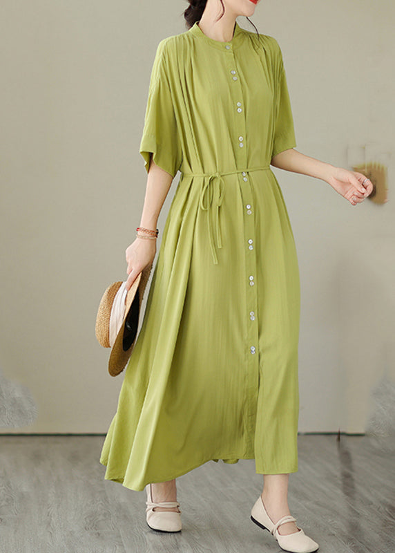 Green O-neck Button Maxi Dresses Summer