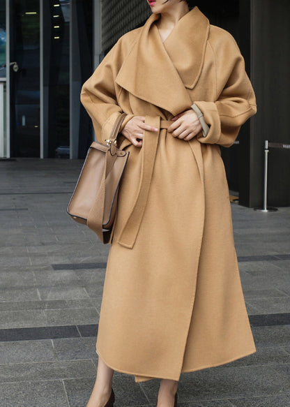 Camel Colour Peter Pan Collar Pockets Woolen Coat Long Sleeve