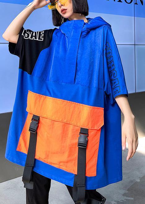 French Navy Spring Hooded Patchwork Tops Half Sleeve