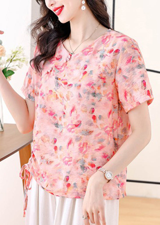 Yellow O Neck Print Drawstring Cotton Shirt Summer