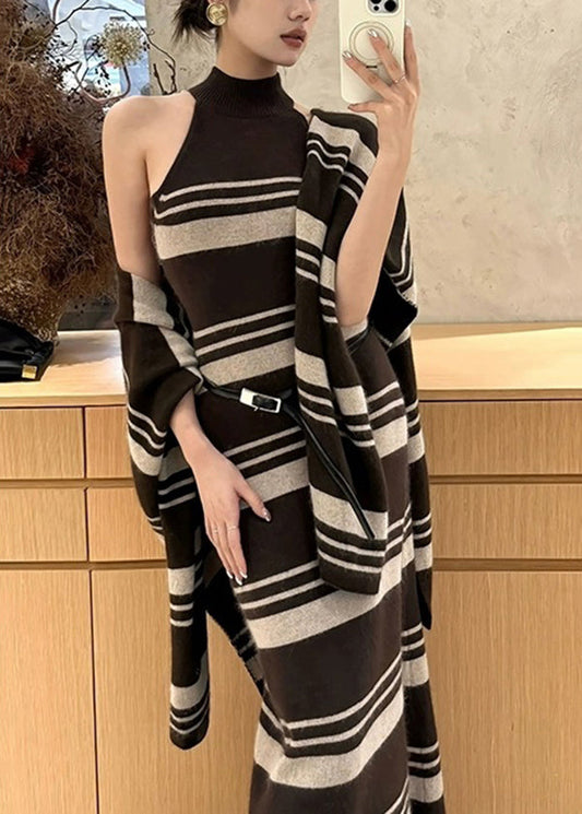 Brown Striped Cardigans and Sweater Dress Knit Two Pieces Set Fall