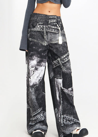 Black Print High Waist Denim Pants Spring