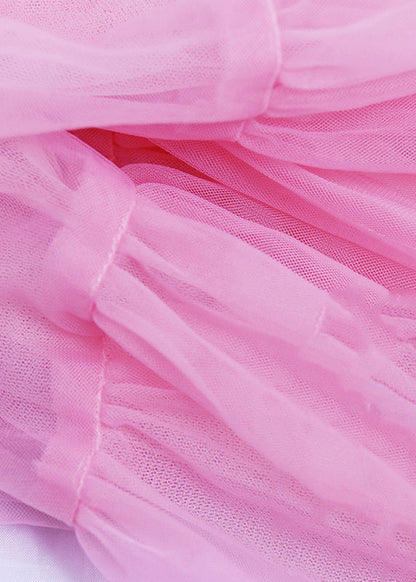 Pink Wrinkled High Waist Tulle Skirts Summer