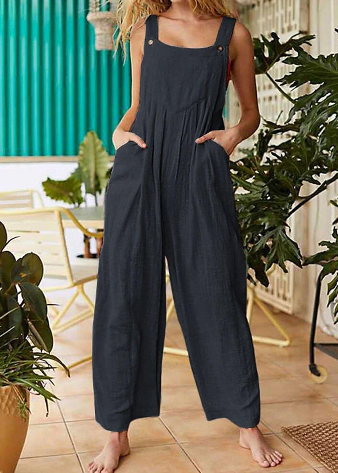 Color Button Sleeveless Overalls Side Pocket Jumpsuit for