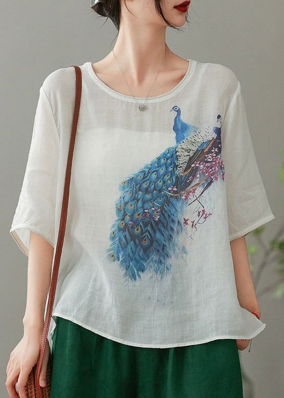 Light Khaki O Neck Print Cotton T Shirts Summer