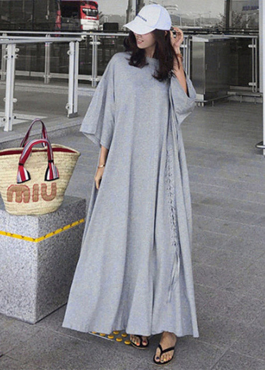 Grey O-neck Asymmetrical Cotton Dress Three Quarter Sleeve