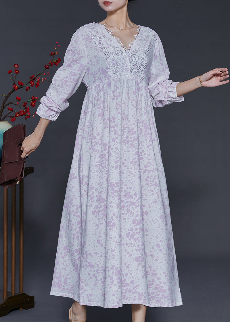 Light Purple V Neck Print Cotton Ankle Dress Spring