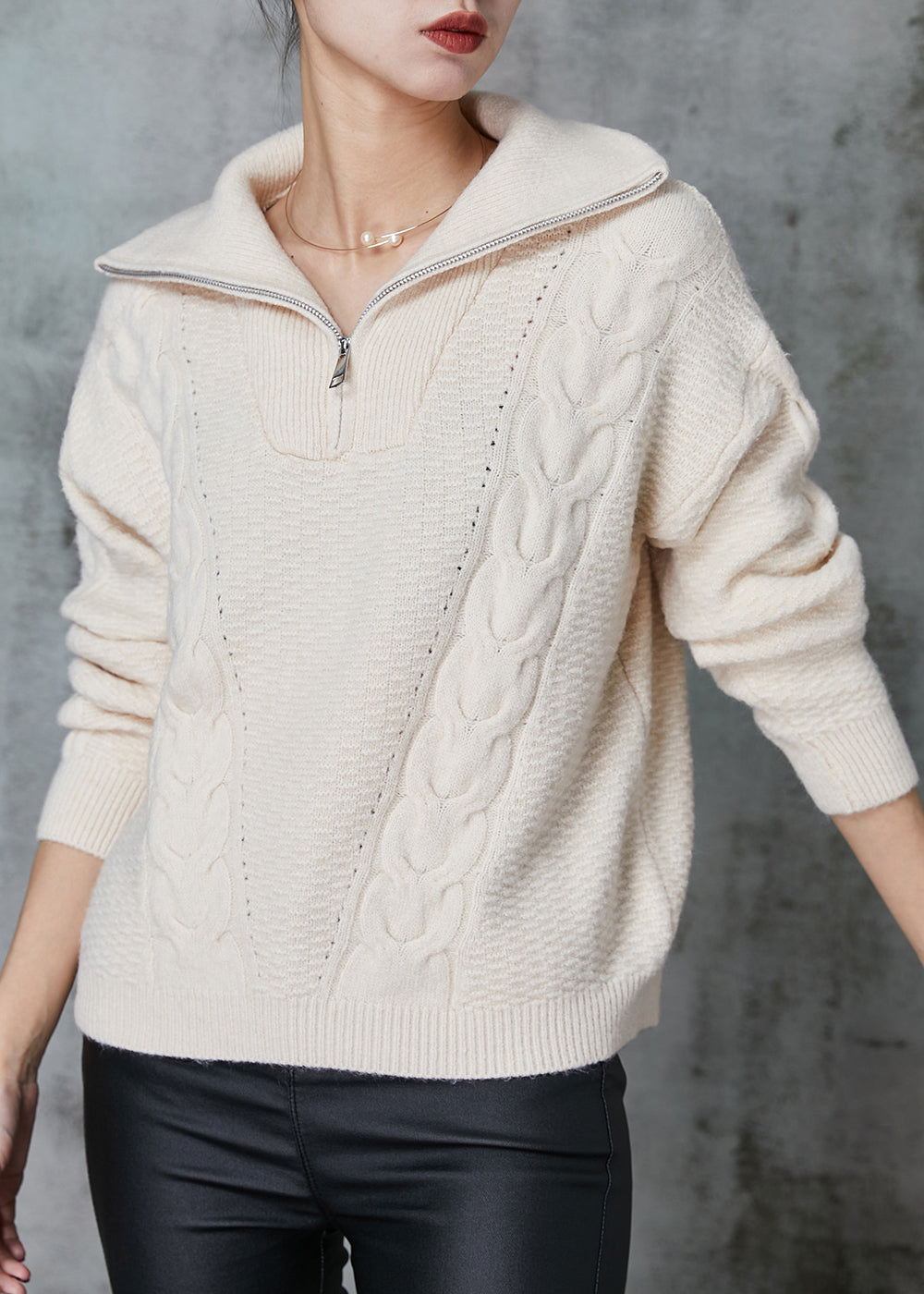 Apricot Zip Up Thick Knit Sweater Tops Spring