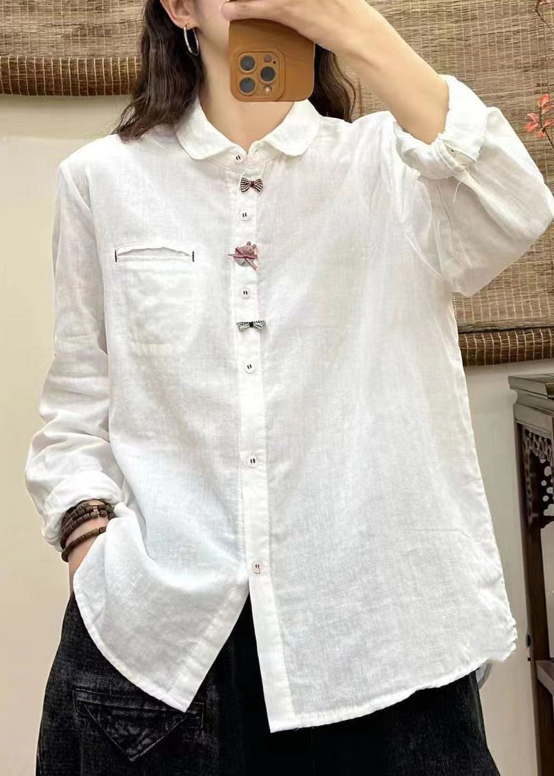 White Peter Pan Collar Button Bow Shirt Long Sleeve
