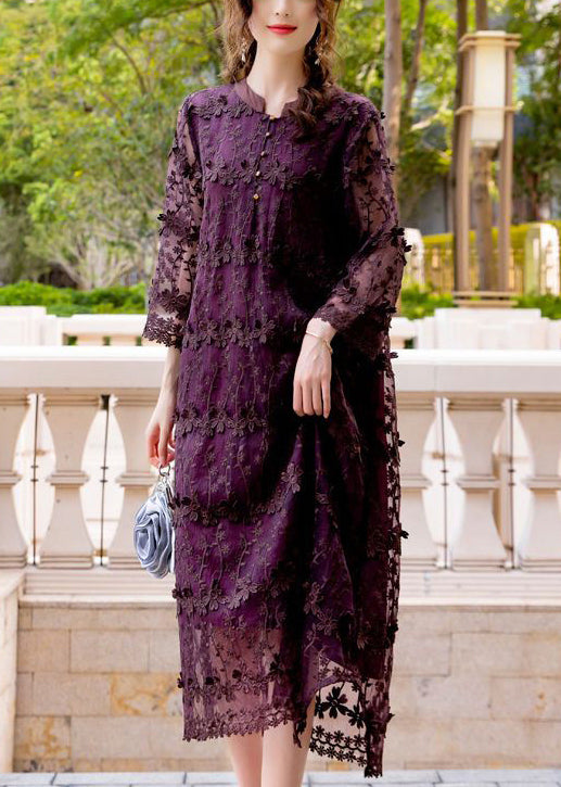 Dark Purple Embroideried Hollow Out Organza Long Dress Spring