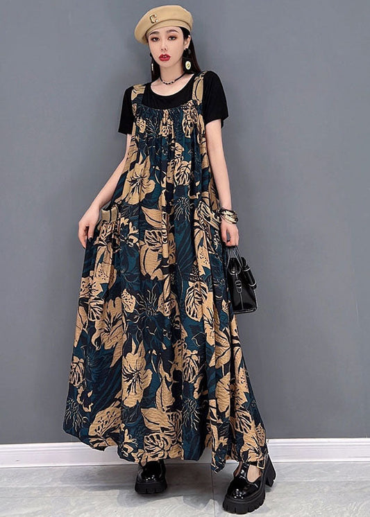 Chocolate Big Pockets Side Open Print Cotton Long Dresses Summer