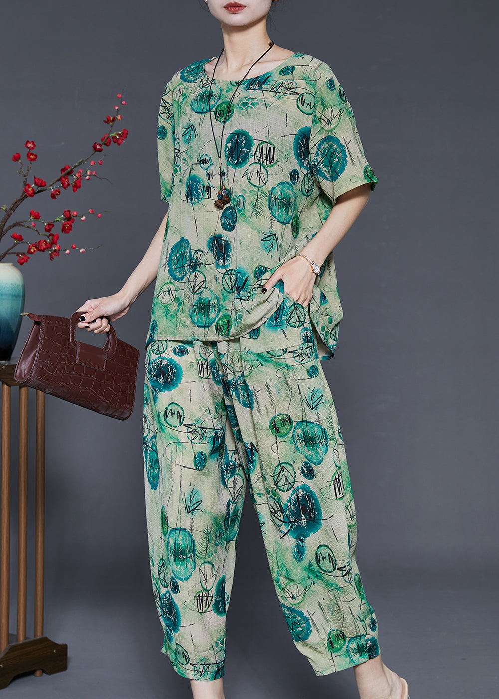 Green Oversized Print Cotton Two Pieces Set Summer