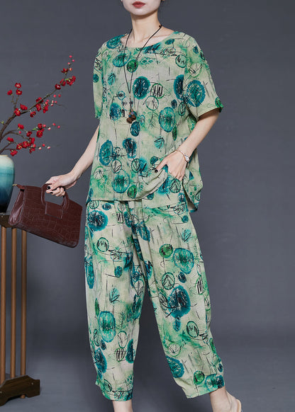 Green Oversized Print Cotton Two Pieces Set Summer
