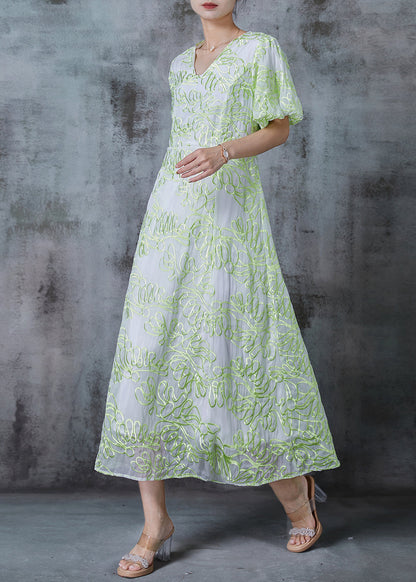 Green Embroidered Organza Robe Dresses Puff Sleeve