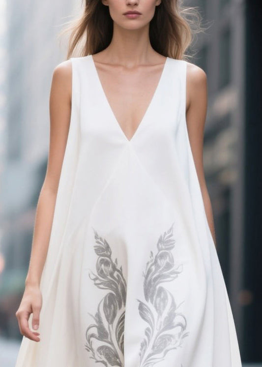 White Oversized Print Chiffon Holiday Dress Sleeveless