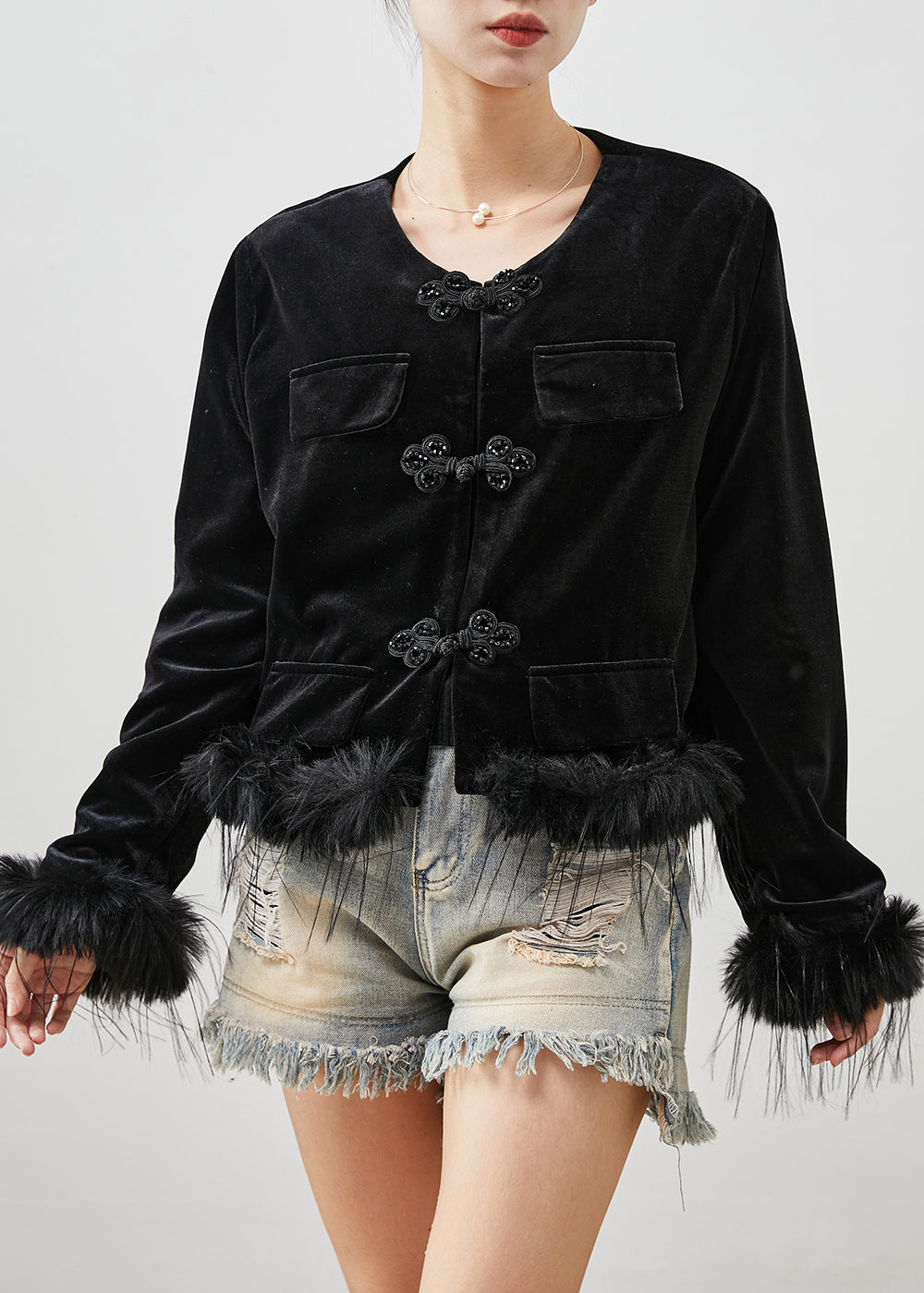 Black Chinese Button Patchwork Feather Silk Velour Jackets Spring
