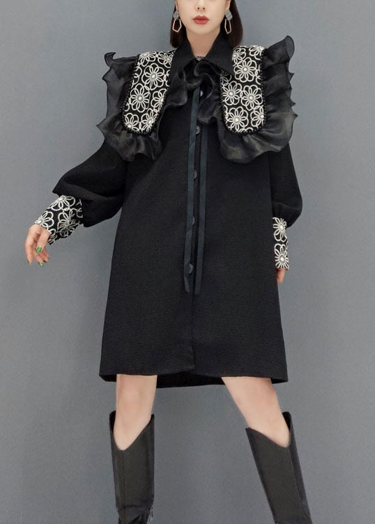 White Button Peter Pan Collar Lace Patchwork Shirt Dresses Spring