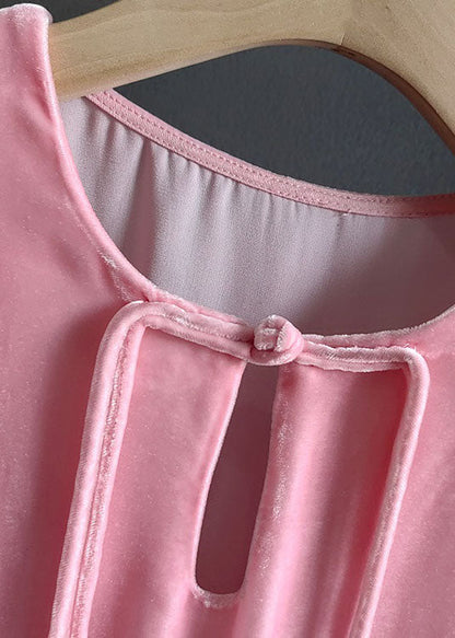 Pink O-neck Tasseled Patchwork Silk Velour Tops Spring