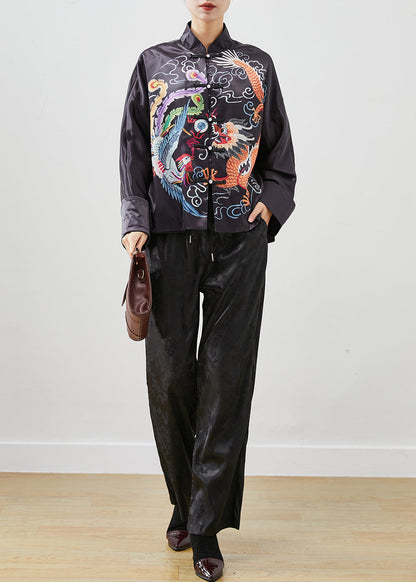 Black Embroideried Silk Chinese Style Two Piece Set Outfits Fall