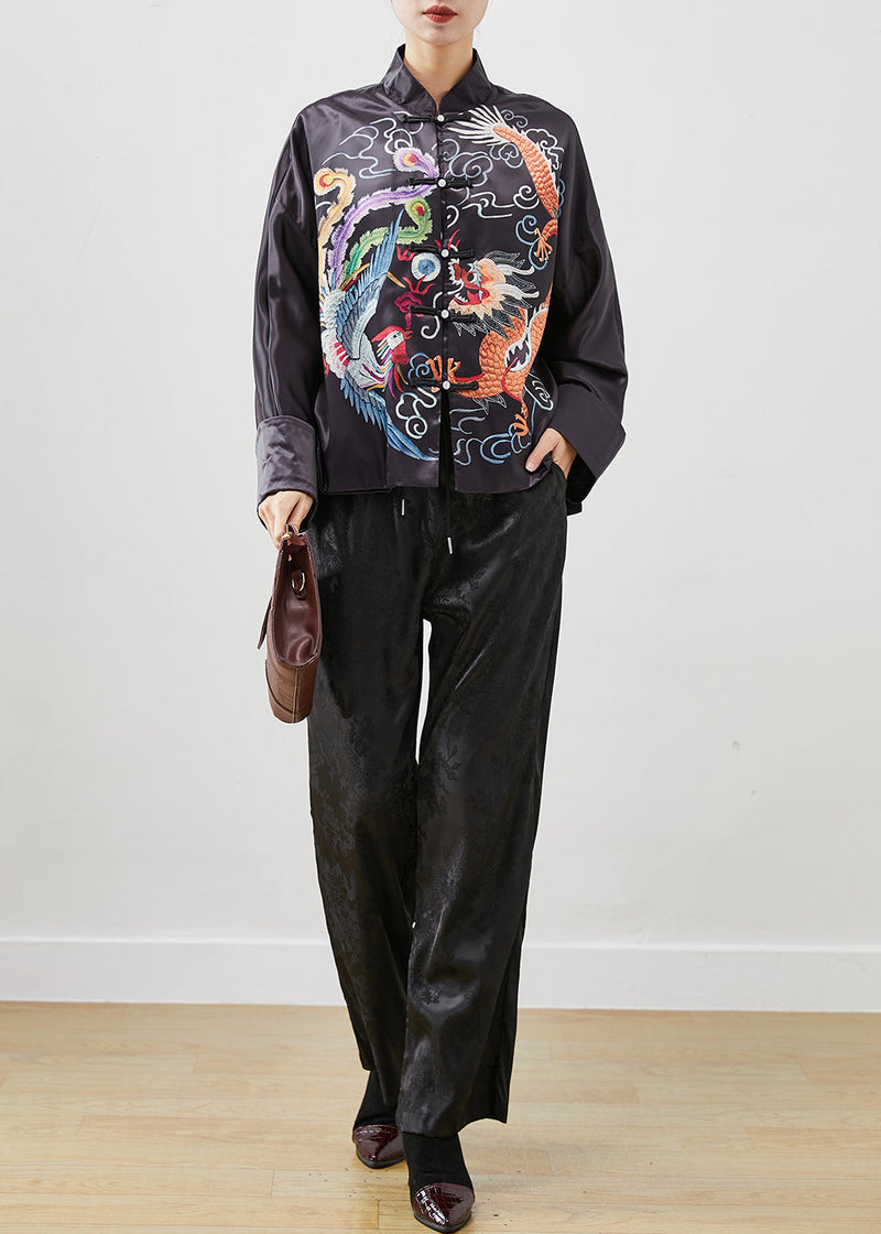 Black Embroideried Silk Chinese Style Two Piece Set Outfits Fall