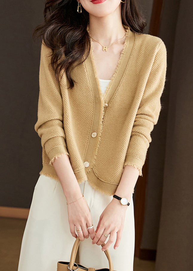 New Beige V Neck Button Wool Knit Cardigan Fall