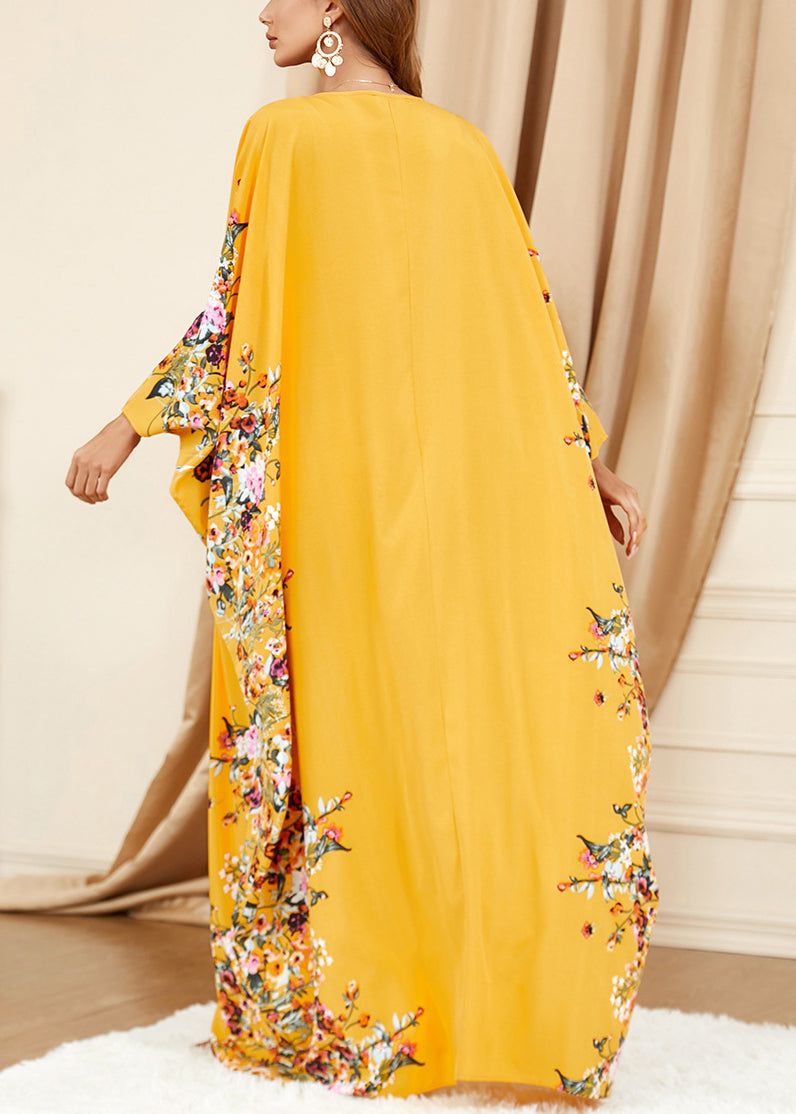 Yellow O Neck Print Front Open Cotton Dress Spring