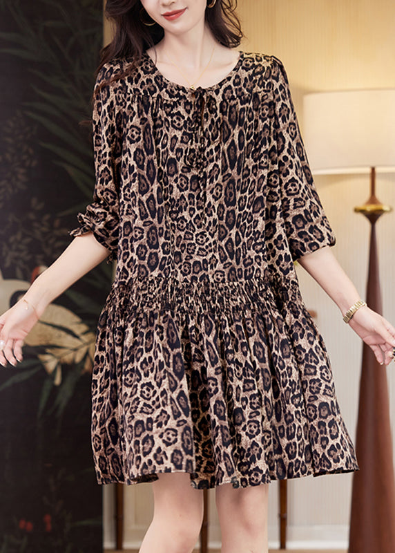 Coffee Leopard Print Elastic Waist Mid Dresses Fall