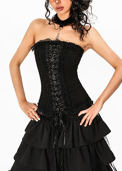 French Black Tie Waist Top Sleeveless