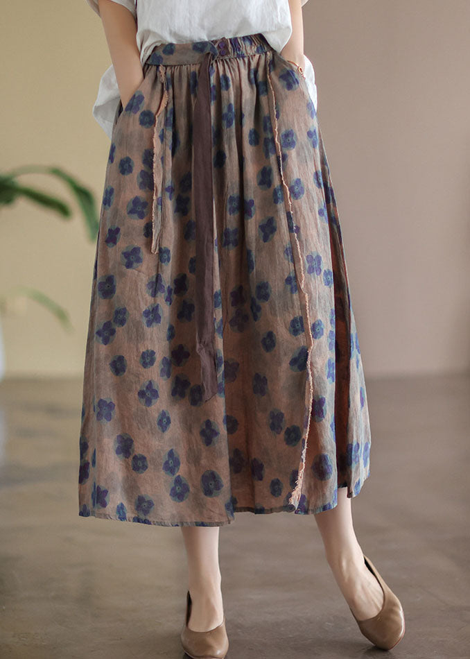 Khaki Elastic Waist Print Linen Skirts Summer