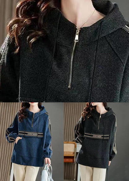 Dark Grey Drawstring Patchwork Cotton Sweatshirt Zip Up Fall