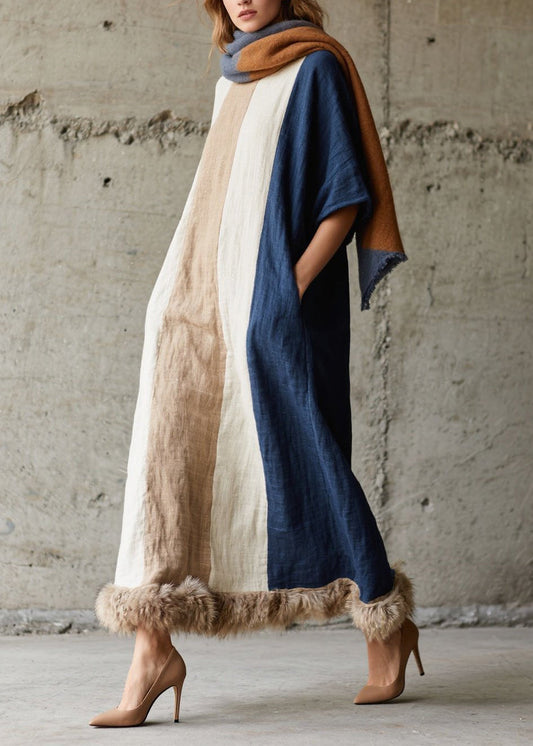 Colorblock Fuzzy Fur Fluffy Patchwork Cotton Long Dresses Fall
